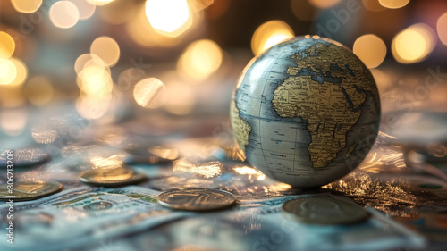 An artistic depiction of a globe surrounded by various currencies, emphasizing the interconnectedness of global finance and trade. 