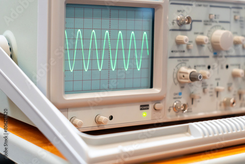 Tableau sur toile Green sine waves on the screen of a multi-button oscilloscope