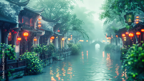Wuzhen Water Town at Night, Illuminated Reflections of Traditional Chinese Architecture in Calm Waters photo