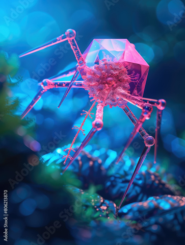 Bacteriophage T2, a myovirus, infects bacteria, injecting its DNA. Illustration photo
