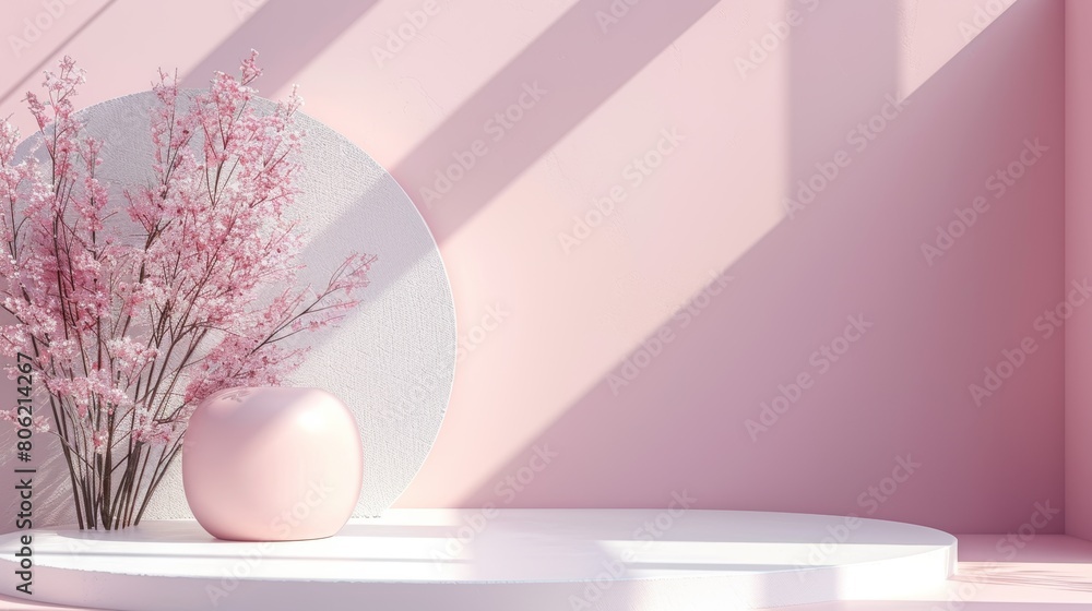 Elegant minimalist pink podium with circular mirror for showcasing products in a serene, soft-hued setting Elegant minimalist pink podium with circular mirror for showcasing products in a serene, soft-hued setting