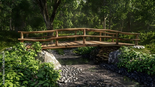  A quaint wooden bridge over a babbling brook surrounded by greenery. . 
