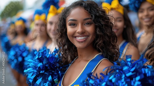 Young and cheerful interracial cheerleaders pose in a row