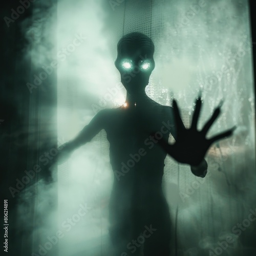 a foggy dark silhouette of an alien with glowing eyes and outstretched hands, fog in the background, fog on glass, blurry, dark, scary, eerie, creepy