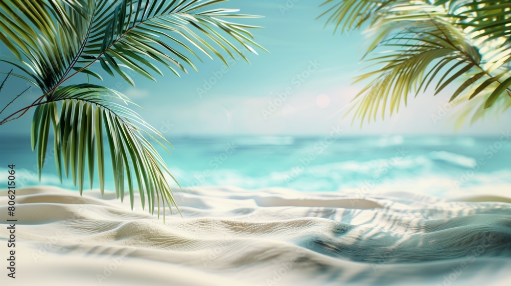 Inviting Summer Atmosphere: Beach with Palm Leaves, product display background