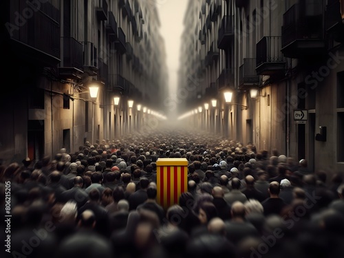 Defocused crowd on the street around a voting ballot box with the colors of the Catalan flag