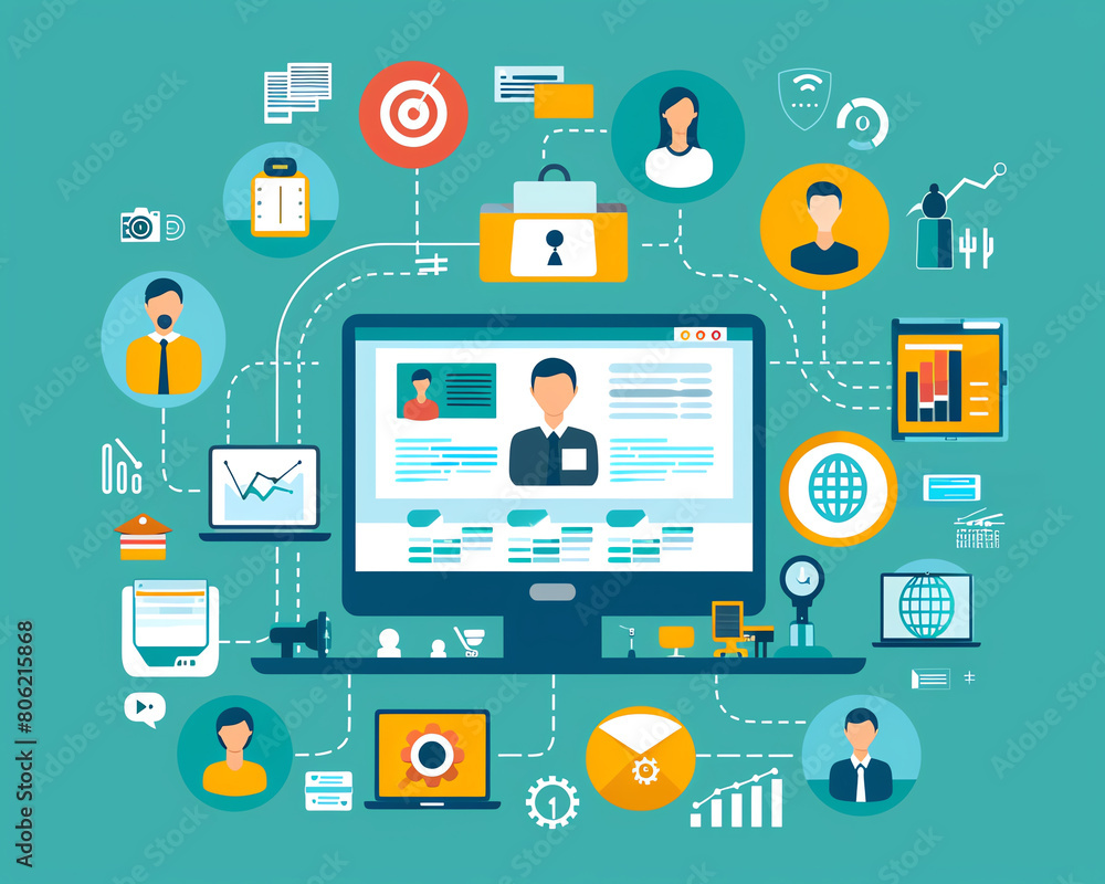 Elearning webinar platform focused on business skills training, surrounded by internet technology icons and tools for digital learning Elearning webinar platform focused on business skills training, surrounded by internet technology icons and tools for digital learning
