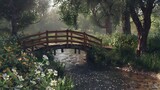  A quaint wooden bridge over a babbling brook surrounded by greenery. . 
