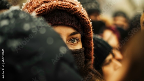 Fearless Activist Gazing Directly at Camera Amidst Protestors