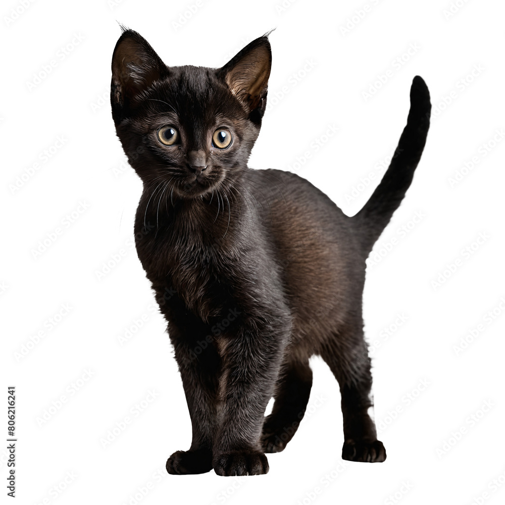 black bombay cat kitten standing isolated transparent photo