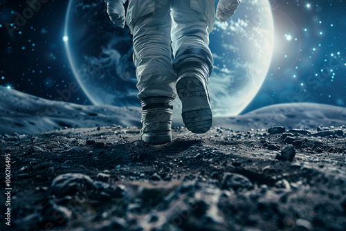 An astronaut walking on the moon and view of the Earth in background	
 photo