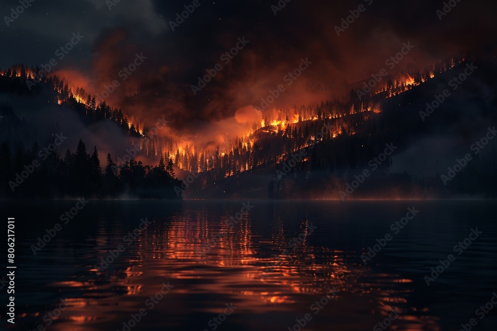 A wildfire burns through a forest at night. The flames light up the sky and reflect off the water. The scene is both beautiful and terrifying.