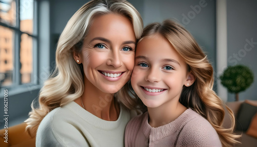 Joyful Mother and Daughter Portrait, real people authenticity on digital art concept, Generative AI.