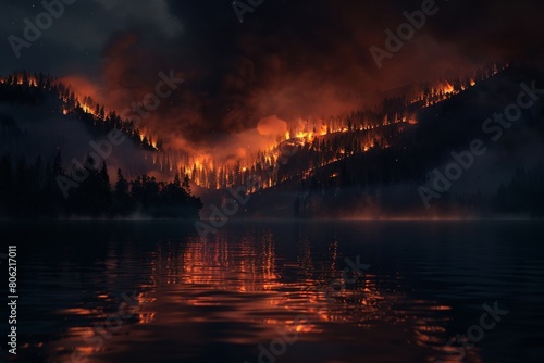 A wildfire burns through a forest at night. The flames light up the sky and reflect off the water. The scene is both beautiful and terrifying. © GraphzTain