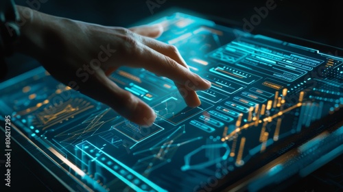 A person using a futuristic touch screen interface © Sittipol 