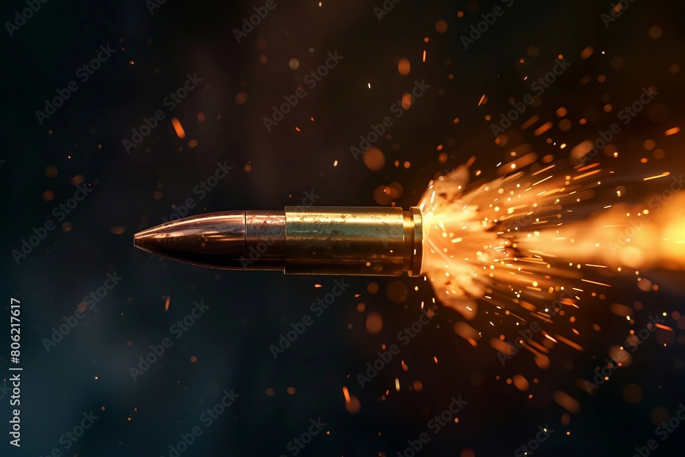 The image shows a bullet in mid-flight. The bullet is surrounded by a fiery orange glow. The background is dark. The image shows a bullet in mid-flight. The bullet is surrounded by a fiery orange glow. The background is dark.