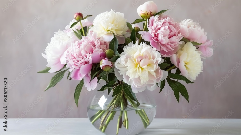 ouquet of blooming peonies in a glass vase.