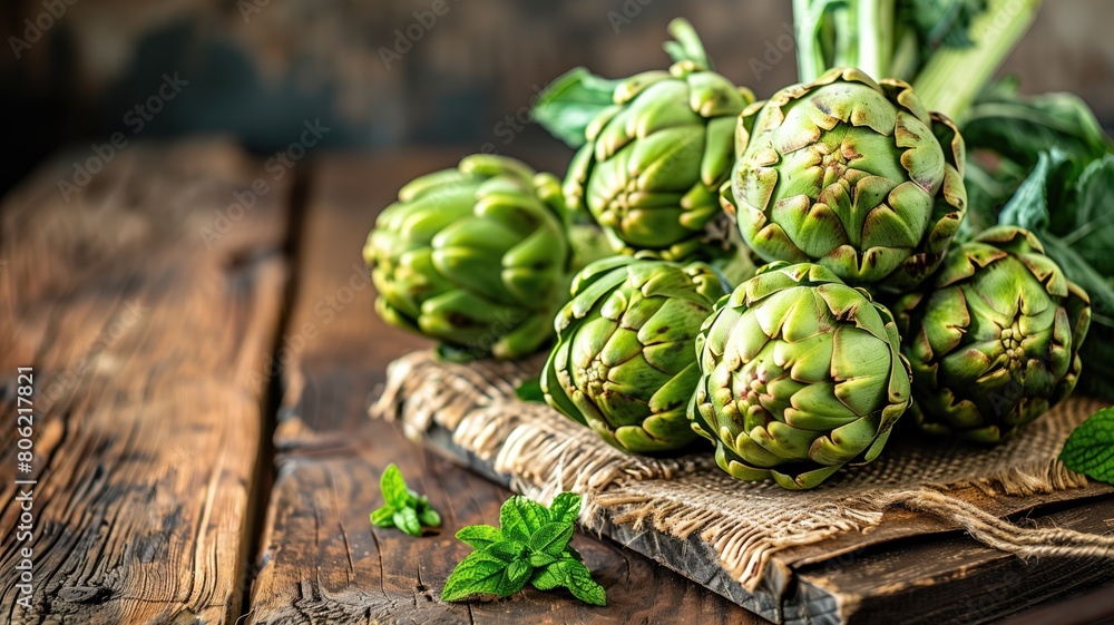 Fresh artichokes on a rustic wooden surface. Fresh artichokes on a rustic wooden surface.