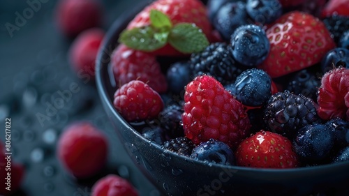 Mixed berries with dew  close-up in a bowl.