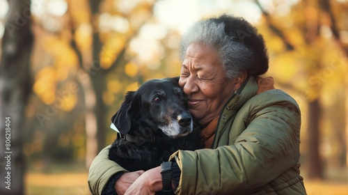 African American woman with pet dog. Happy elderly african american woman at the park cuddling her dog. A senior african american woman playfully holding her dog in park. Love for animals concept.