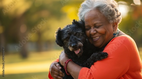 African American woman with pet dog. Happy elderly african american woman at the park cuddling her dog. A senior african american woman playfully holding her dog in park. Love for animals concept.