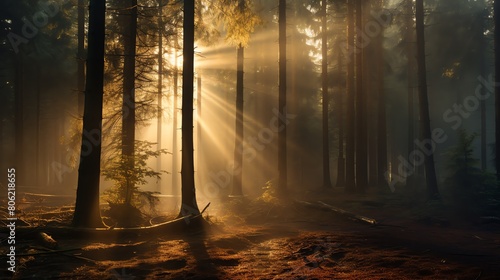 Ethereal atmosphere with sunlight dappling through the trees  Misty Forests with Sun Rays Filtering Through