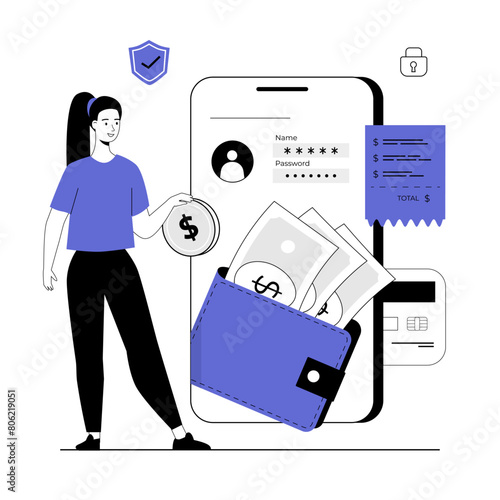 E-wallet, mobile banking, online payment. Woman doing digital transaction with mobile phone. Vector illustration with line people for web design.