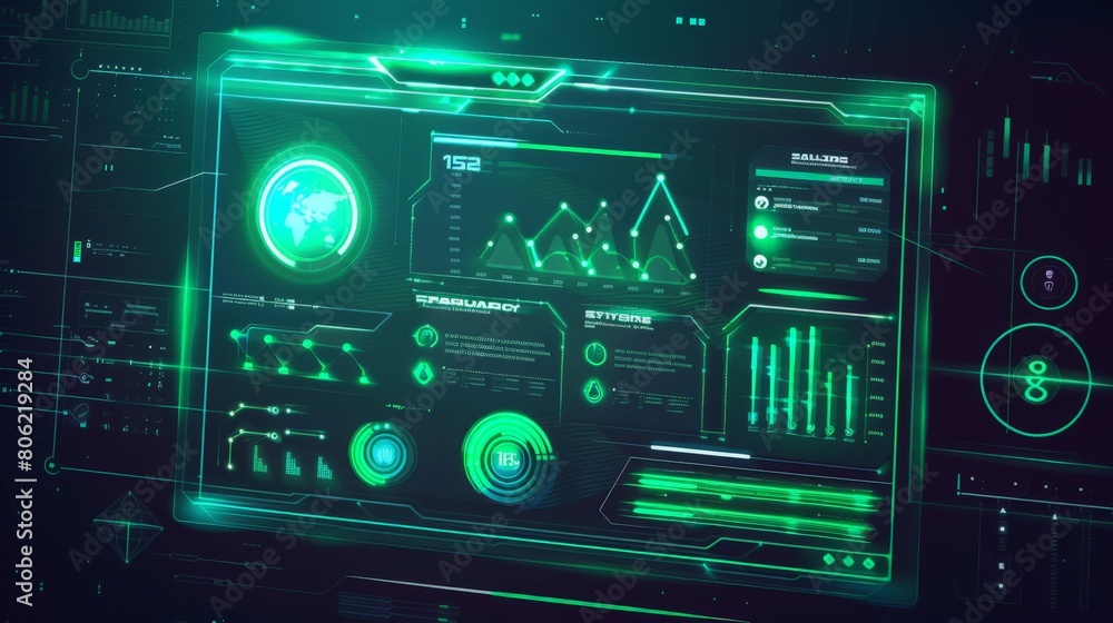 A digital dashboard with a glowing green user interface.