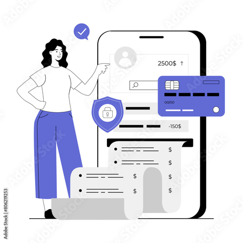Mobile banking concept. Financial transactions online. Woman making protected payment with smartphone app. Vector illustration with line people for web design.