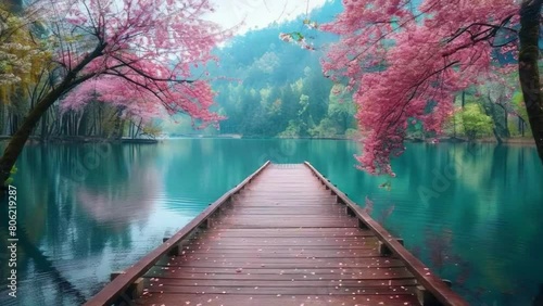 A wooden bridge spans a body of water with a view of trees in the background 4K motion photo