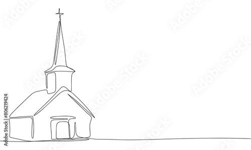 Church one line continuous. Line art church. Hand drawn vector art.