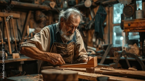 Craftsman carving a piece of wood in his workshop 