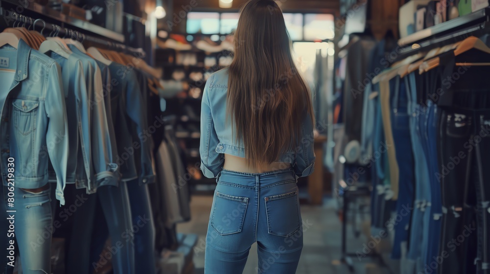 A young woman is standing with her back to the camera. She is trying on a pair of jeans in a clothing store.