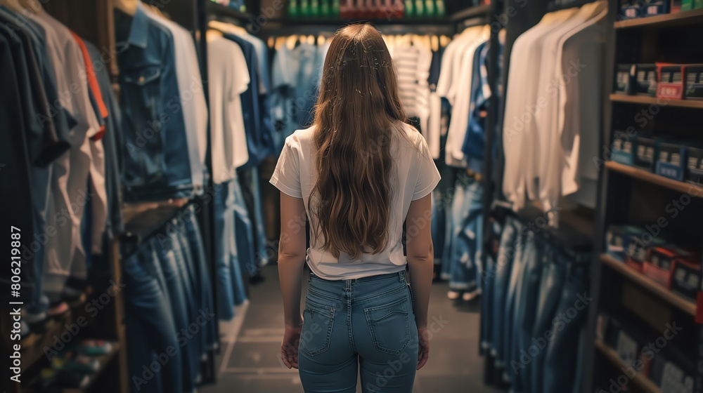 A young woman standing in a clothing store, looking at the clothes on the racks. She is wearing a white shirt and jeans.