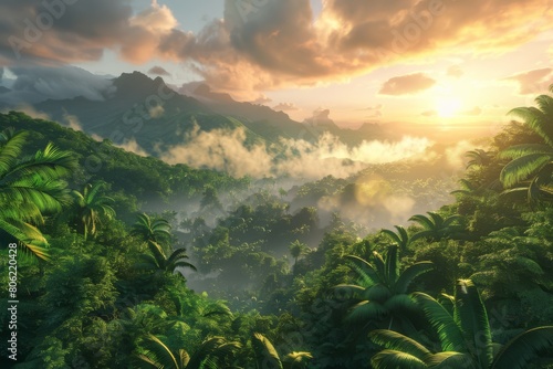 A serene sunset over a vibrant tropical rainforest with mist-shrouded mountains in the distance.