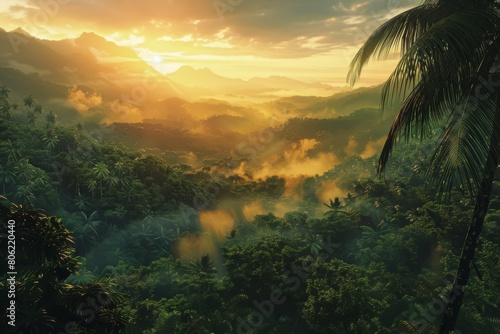 A breathtaking sunset scene unfolds over a vibrant green tropical rainforest, with mist-shrouded mountains adding to the mystical ambiance. © Jennie Pavl