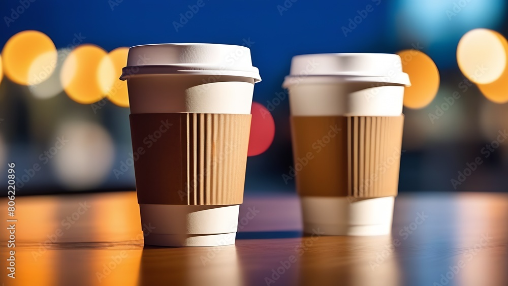 Two paper coffee cup on wooden table in cafe. Two paper coffee cup on wooden table in cafe.