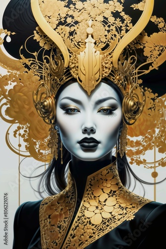 The image features a futuristic female character with elaborate gold and black makeup and headdress - Generative AI
