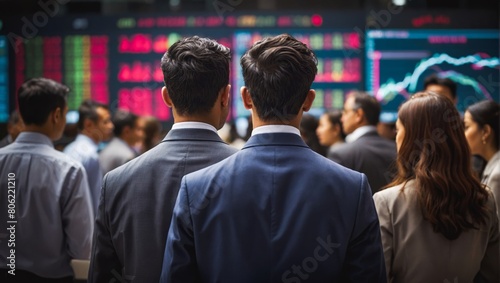 Back view of a group of multinational people and digital technology confidently gazes at the viewer while looking at a financial stock market graph. photo