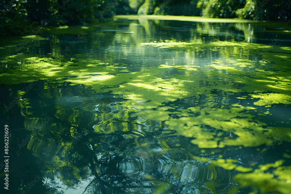 A forest pond, reflecting the lush green foliage on its mirror-like surface