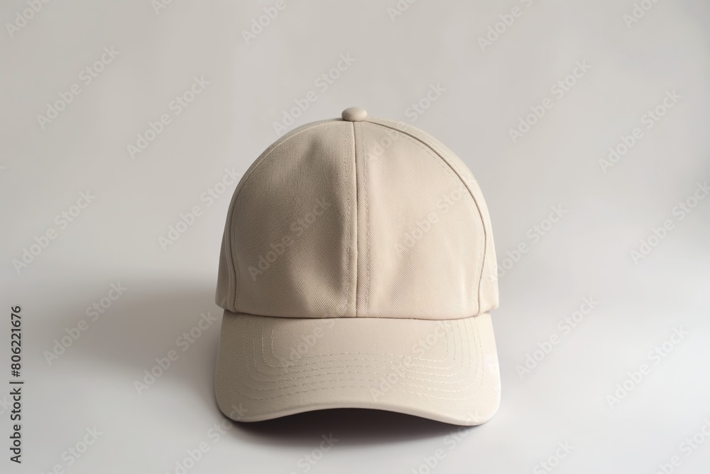Beige baseball cap. The product is presented on a white background with soft lighting Beige baseball cap. The product is presented on a white background with soft lighting