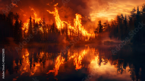 A stark contrast of a fierce forest fire reflecting in the tranquil water of a nearby serene lake