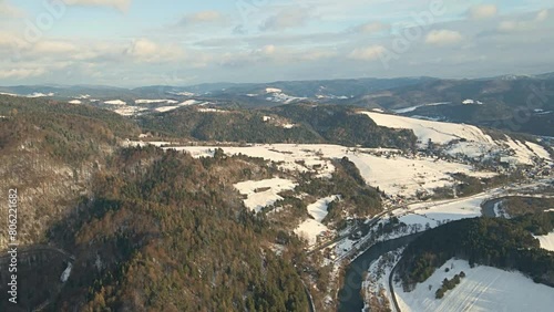 Aerial view of the Poprad Landscape Park in Beskid Sadecki on a sunny,december day.