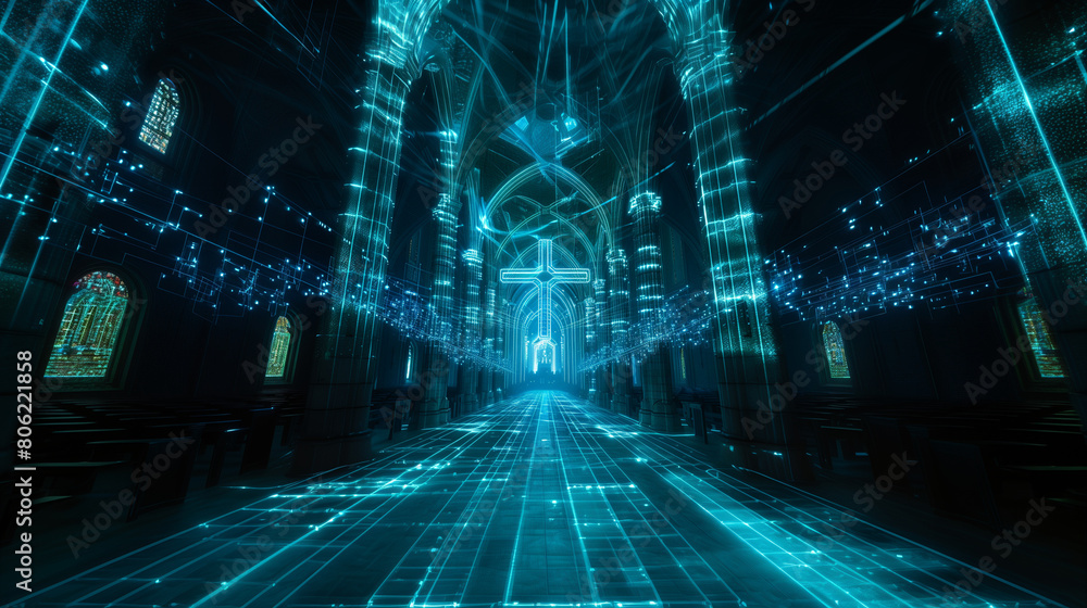 The hologram of the christian church with cross made of blue neon light and compound structure.Modern wireframe illustration concept .