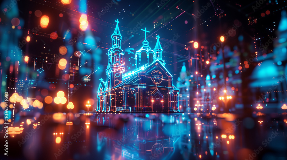 The hologram of the christian church with cross made of blue neon light and compound structure.Modern wireframe illustration concept . The hologram of the christian church with cross made of blue neon light and compound structure.Modern wireframe illustration concept .