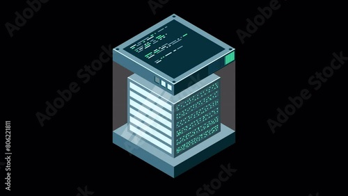 Isometric futuristic server animation. Isometric database or data center. Abstract blockchain. Computer storage. Cloud storage. Transparent background with alpha channel