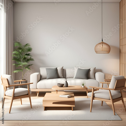 living room interior, interior mock up, cozy modern room with natural wooden furniture, 3d render 