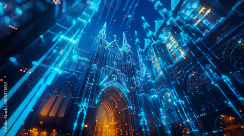 The hologram of the christian church with cross made of blue neon light and compound structure.Modern wireframe illustration concept . © YUTTADANAI