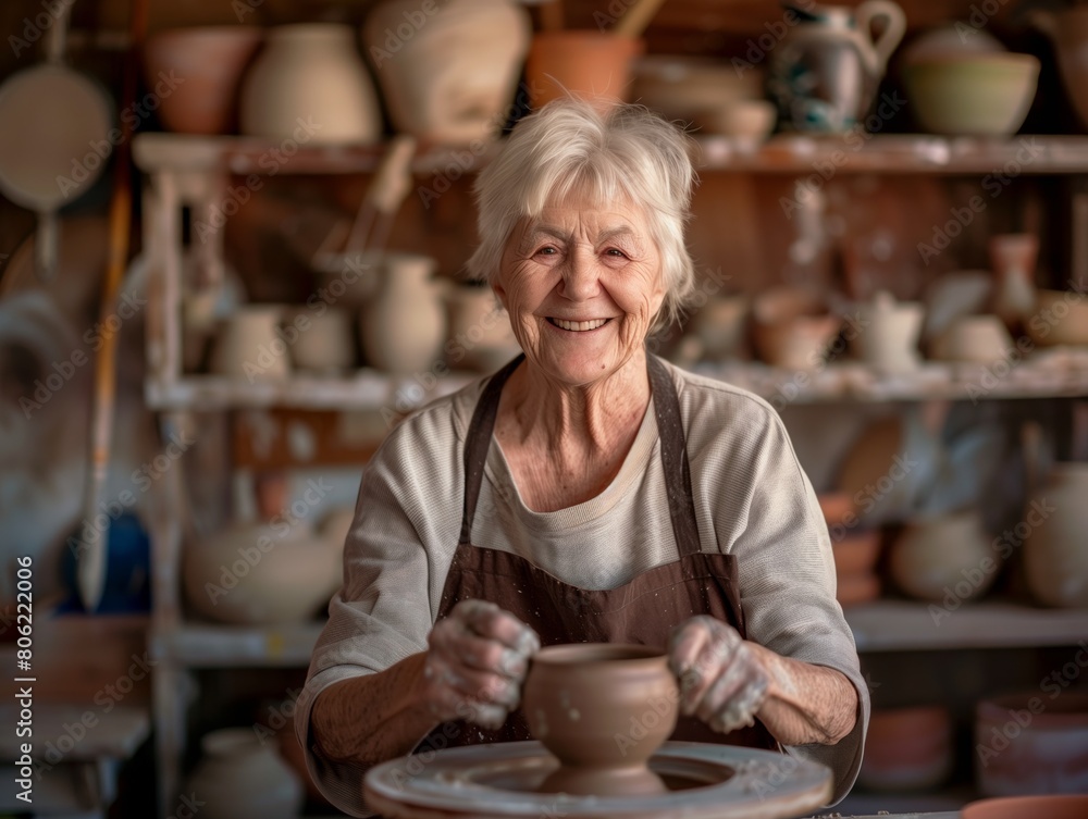An elderly Caucasian woman with short white hair and a beaming smile engages in pottery. An elderly Caucasian woman with short white hair and a beaming smile engages in pottery.