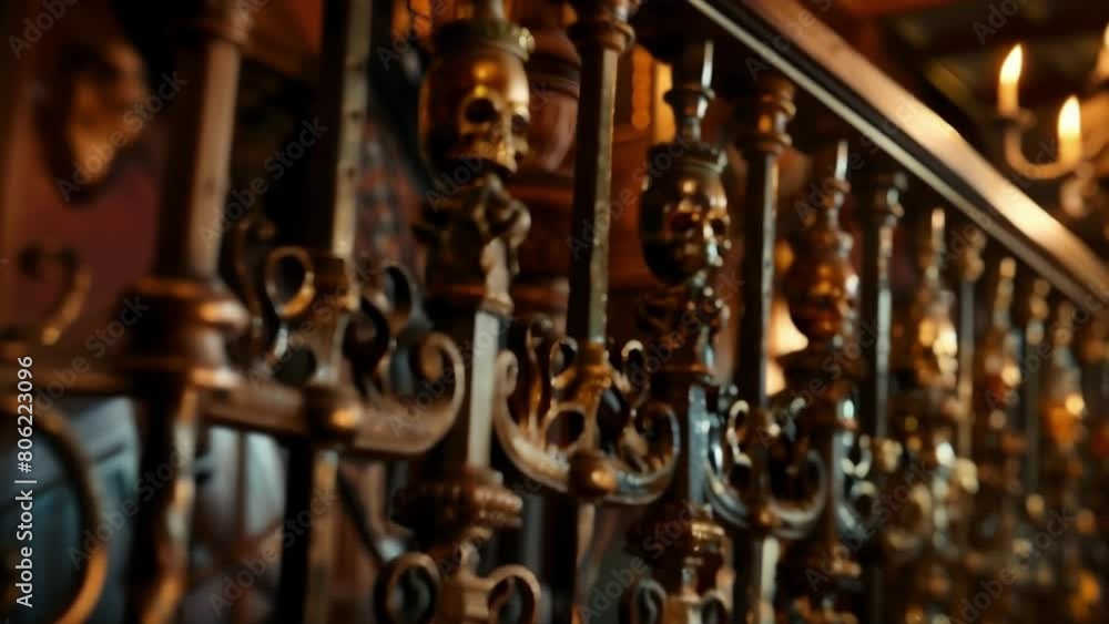 A dusty saloon its ornate brass chandelier casting flickering shadows across a twisted wrought iron railing emblazoned with skulls and spurs. 2d flat cartoon. A dusty saloon its ornate brass chandelier casting flickering shadows across a twisted wrought iron railing emblazoned with skulls and spurs. 2d flat cartoon.
